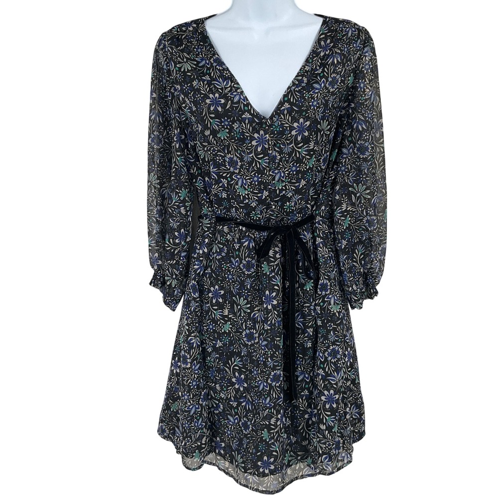 LOFT Floral Dress Womens 8 Black Blue Metallic Boho V-Neck Office Event Modest
